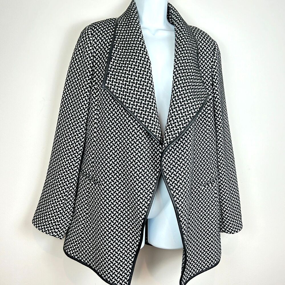 Calvin Klein Black White Woven Waterfall Jacket Faux Leather Trim Jacket Size 10